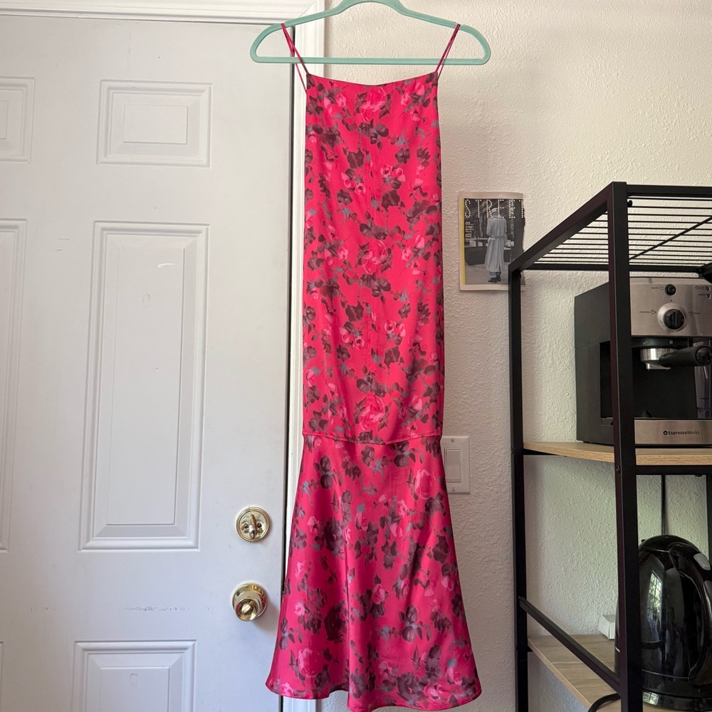 NWOT GANNI pink red floral tie back sleeveless slip midi dress